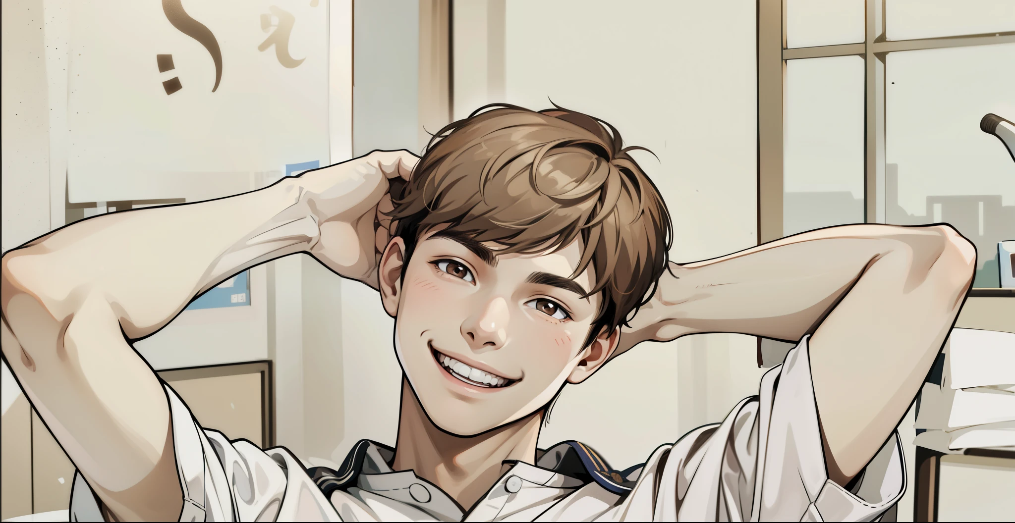 A smiling young man of , brown hair, brown eyes, is sitting in the classroom, he holds his head and smiles, he speaks mischievously.