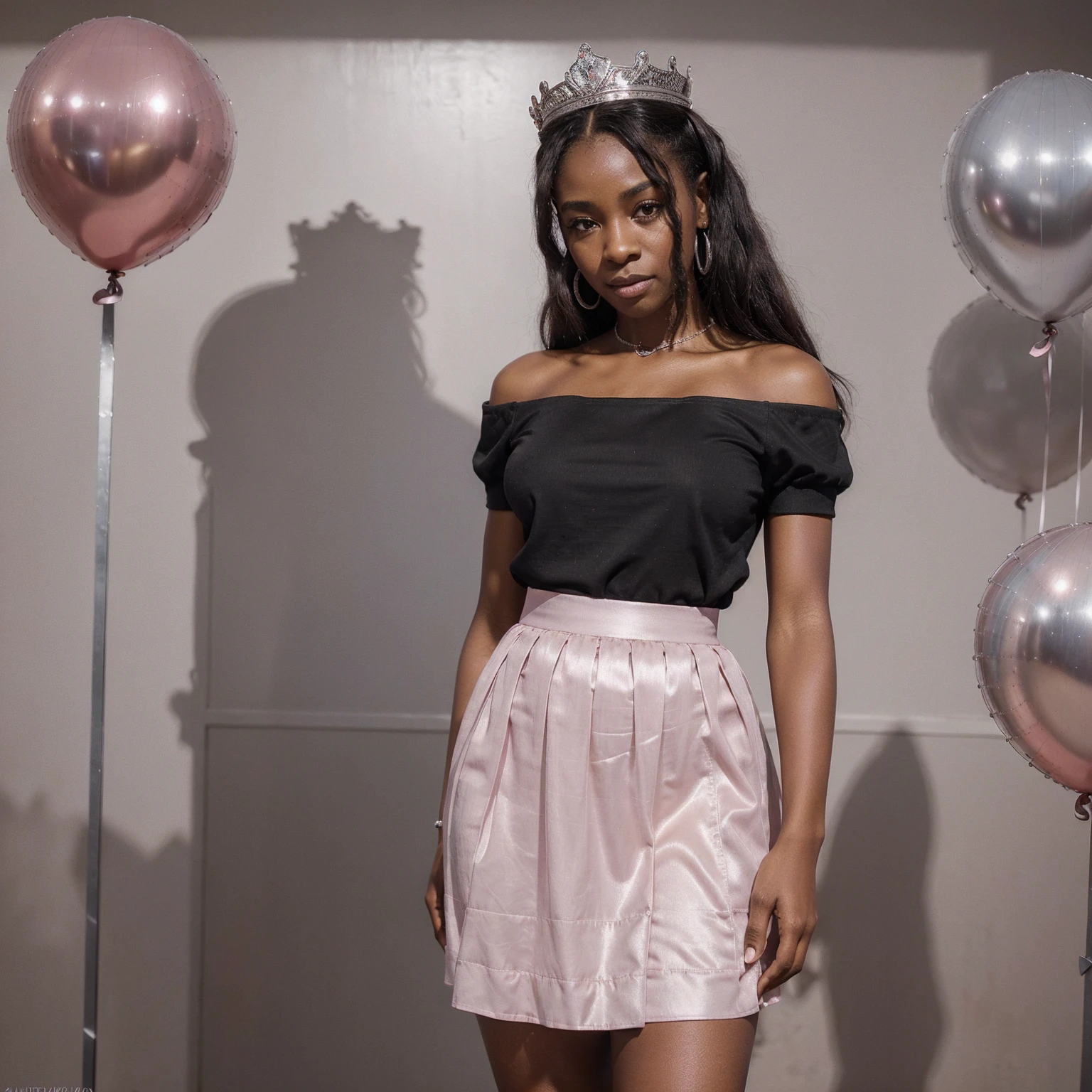 (Best Quality), (Masterpiece), (detailed), Beautiful black woman, 19 years, happy, celebrating, pink balloons, and silver, small thin crown on the head, pink veiled skirt and short pink blouse, small breasts, big legs, big butt with accessories in hand made of silver material, 4k, staring at the camera.