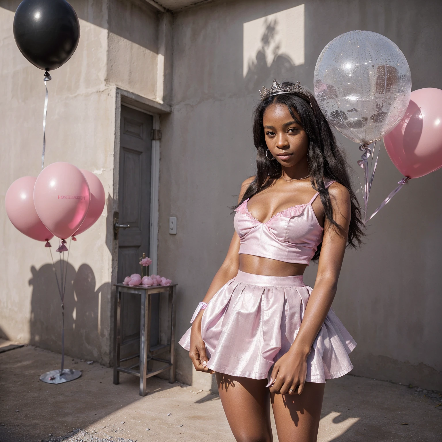 (Best Quality), (Masterpiece), (detailed), Beautiful black woman, 19 years, happy, celebrating, pink balloons, and silver, small thin crown on the head, pink veiled skirt and short pink blouse, small breasts, big legs, big butt with accessories in hand made of silver material, 4k, staring at the camera.