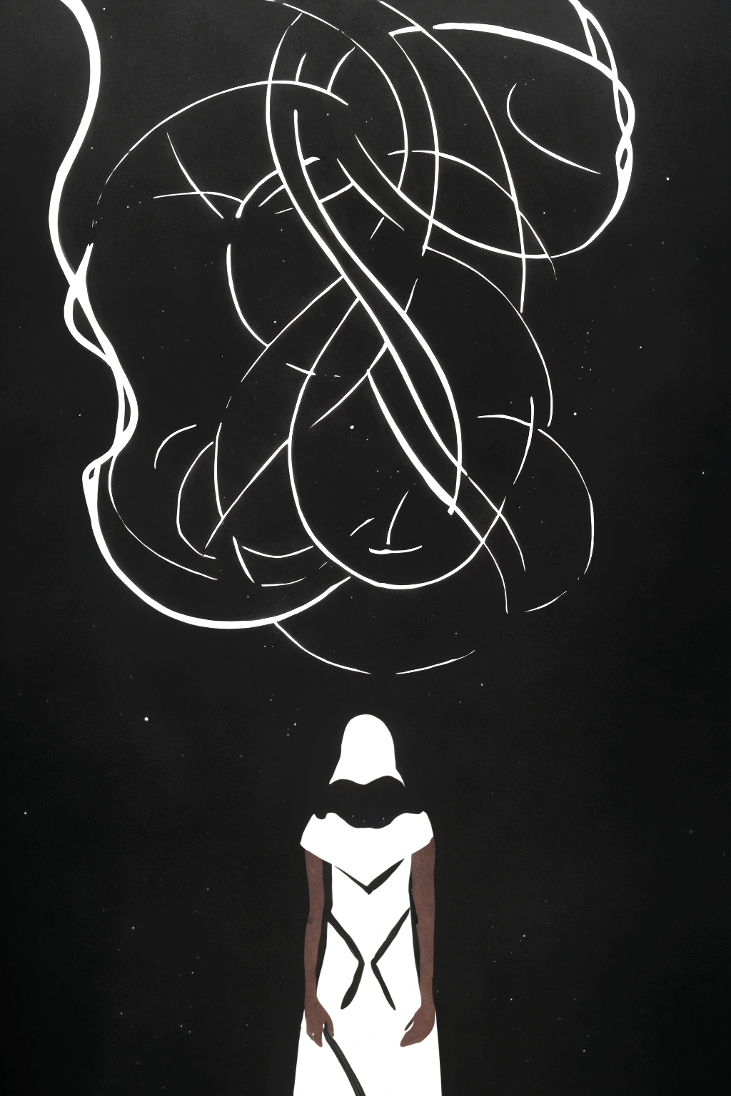 1 female, Pitch black background,(((Something white and mysterious crossed in front of me))), Alone in the void, Pitch black night world,