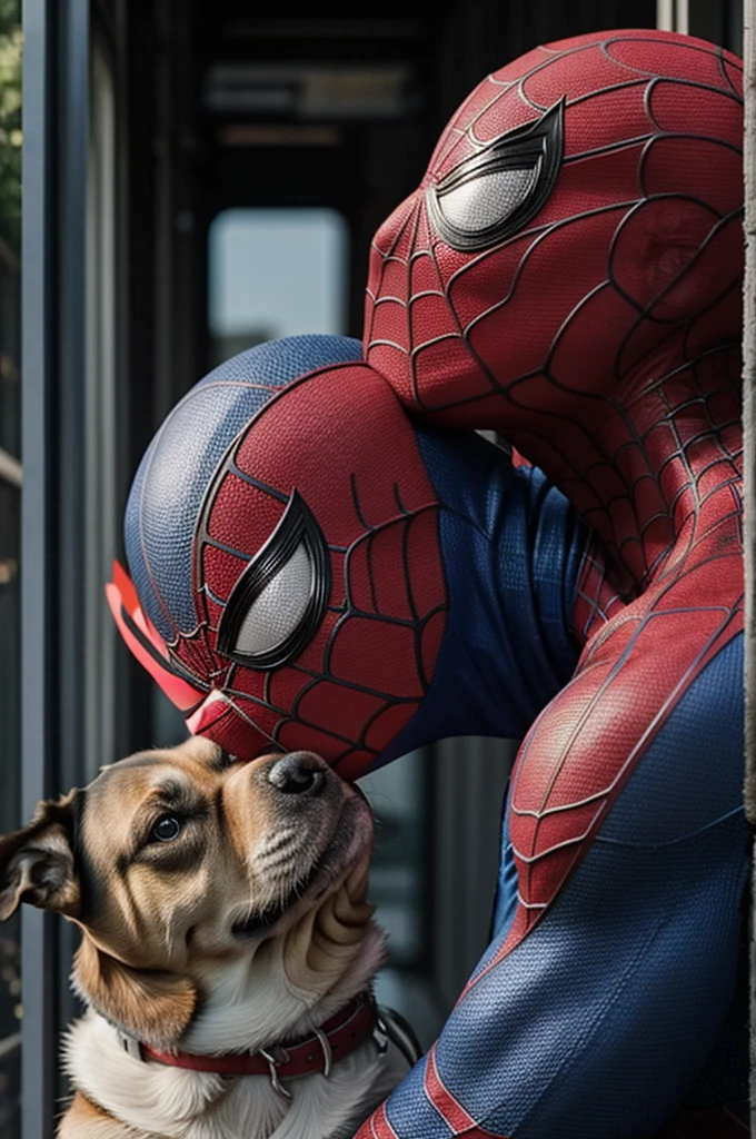 Spiderman kissing a dog