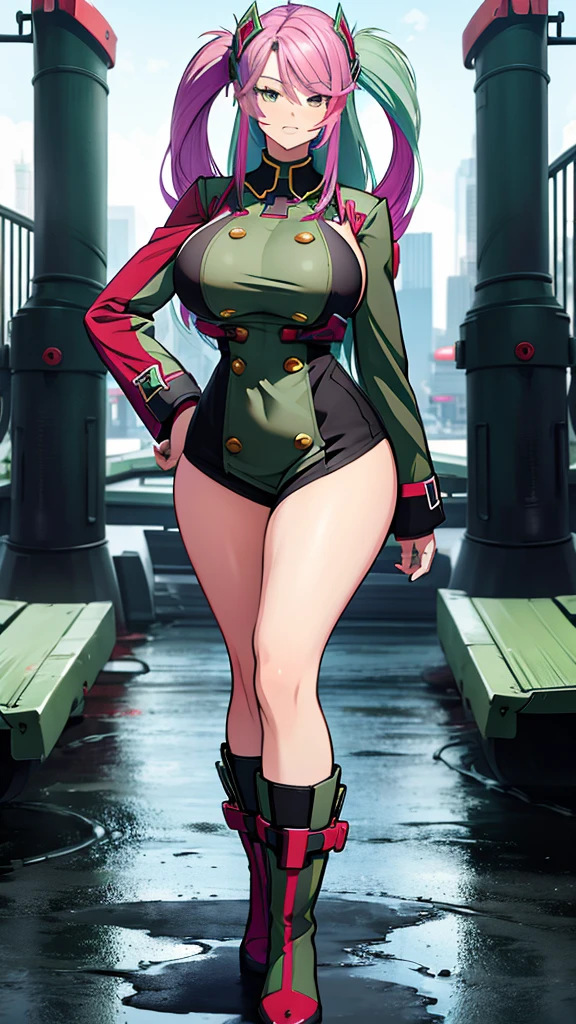 Highly detailed, anime, 1 girl, fuchsia colored hair, split-color hair, prinz eugen's hairstyle, sage-green colored hair, detailed eyes, busty, gorgeous chunky body, special agent clothes, dark boots, serious expression, full body, 