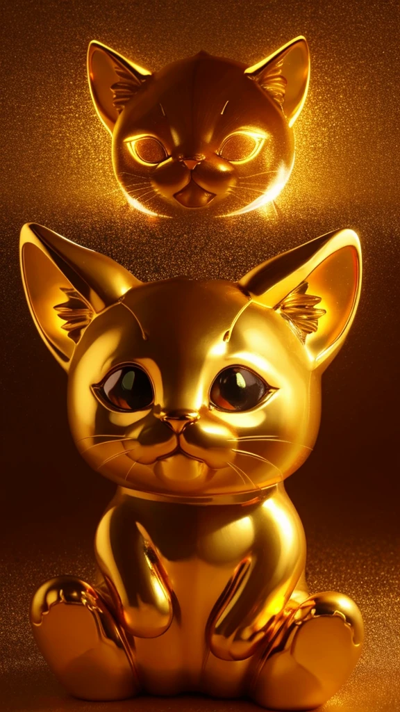 Golden background、Giant golden cat figurine、Glowing Skin、8K、Highest quality、looking at the camera