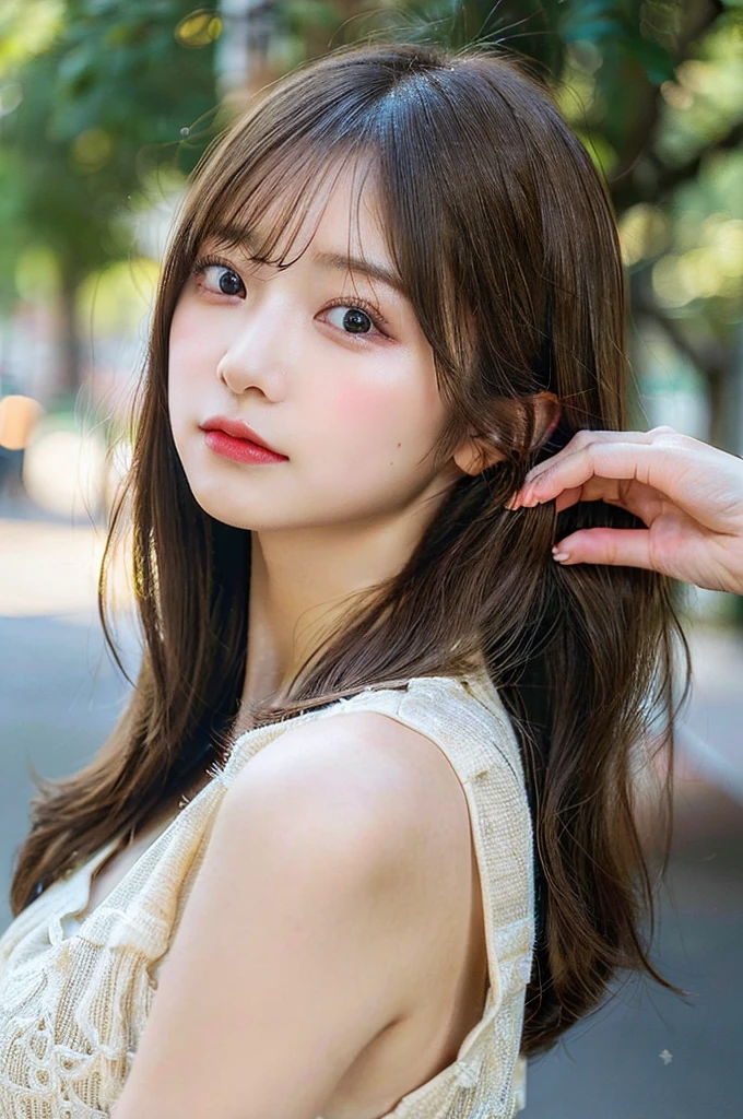 (masterpiece:1.5)、(Realistic:1.5)、(Highest quality:1.4、8K、RAW Photos)、 Ultra-high resolution、Professional Lighting、Perfect dynamic composition、Film Grain、chromatic aberration、(Bokeh:1.1)、 Frank、Sophisticated、charm、超Realistic、High detail、Golden Ratio、 (1 Girl)、Slender girl、繊細でcharm女の子、Cute Woman:1.4、 Serious expression、Looking at the audience、Light brown hair、Shiny Hair、The hairstyle is long hair、 Realistic looking skin、 shut up.、Beautiful Eyes、double eyelid、Thin arms、Big Breasts:1.4、Back Pose:1.2