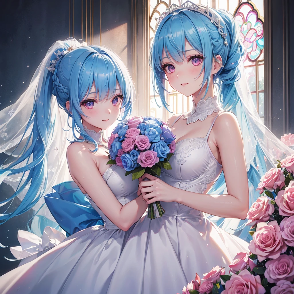 Sky blue hair, (Braided Ponytail),(Pink Eyes),Fair skin ,(whole body),(One girl),bride,A big smile,Straight bangs, 6月のbride,Wedding dress,(masterpiece, Highest quality, Very detailed, Best Shadow), (Detailed Background), (Beautifully detailed face), High Contrast, (Best lighting, Very delicate and beautiful), ((Cinematic Light)), colorful, Hyper Detail, Dramatic Light, Intricate details,Chapel background,Bouquet of roses