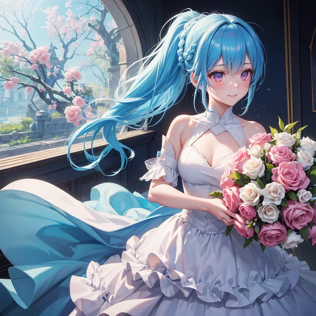 Sky blue hair, (Braided Ponytail),(Pink Eyes),Fair skin ,(whole body),(One girl),bride,A big smile,Straight bangs, 6月のbride,Wedding dress,(masterpiece, Highest quality, Very detailed, Best Shadow), (Detailed Background), (Beautifully detailed face), High Contrast, (Best lighting, Very delicate and beautiful), ((Cinematic Light)), colorful, Hyper Detail, Dramatic Light, Intricate details,Chapel background,Bouquet of roses