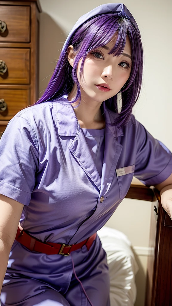 Snow Mountain、Real Beauty、Nurse uniform、Chest opening、Purple hair、Leaning forward