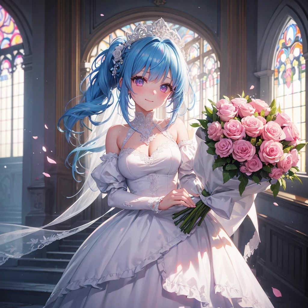 Sky blue hair, (Braided Ponytail),(Pink Eyes),Fair skin ,(whole body),(One girl),bride,A big smile,Straight bangs, 6月のbride,Wedding dress,(masterpiece, Highest quality, Very detailed, Best Shadow), (Detailed Background), (Beautifully detailed face), High Contrast, (Best lighting, Very delicate and beautiful), ((Cinematic Light)), colorful, Hyper Detail, Dramatic Light, Intricate details,Chapel background,Bouquet of roses