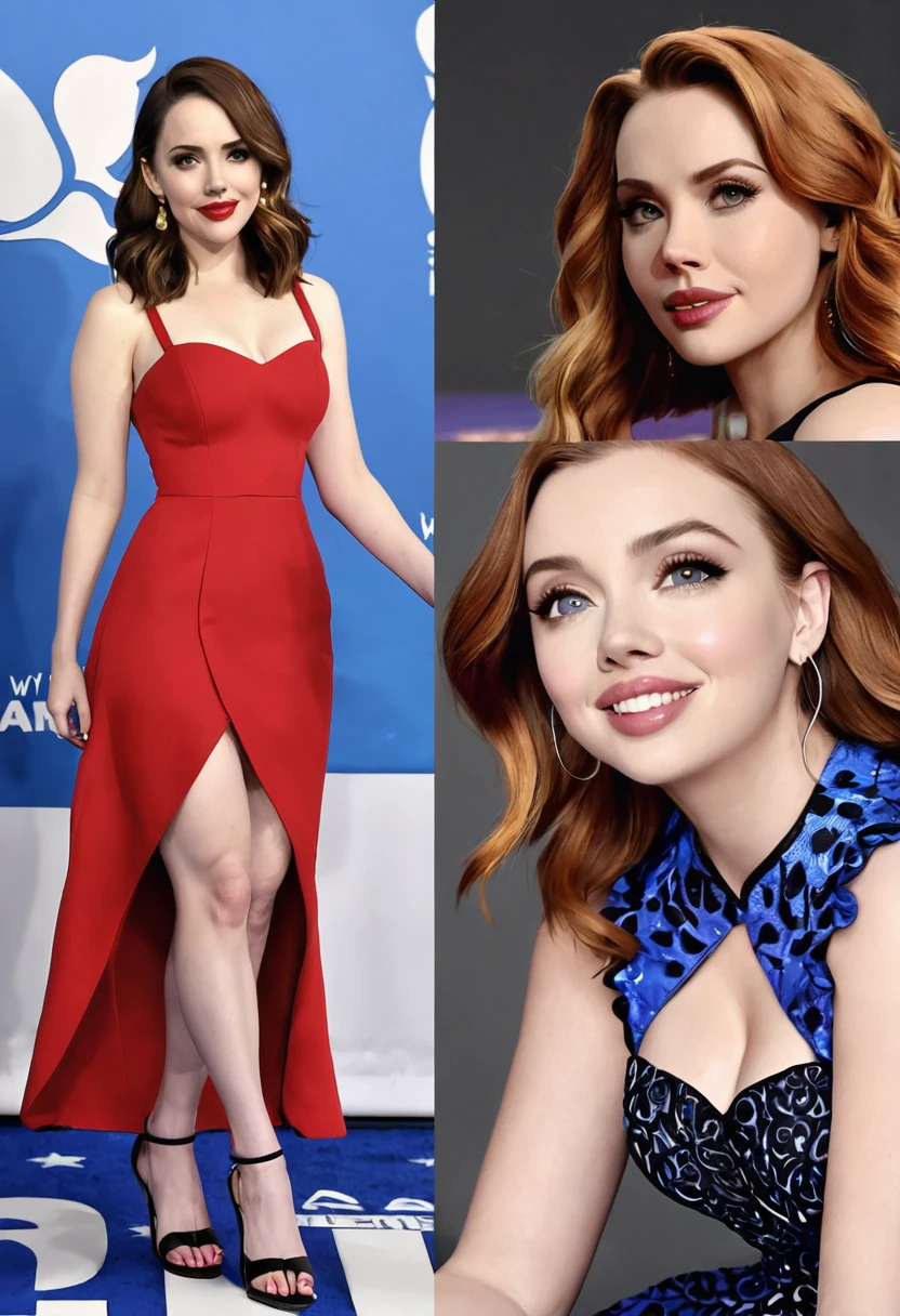 A Sexy mythical Humanoid creature called a firbolg. Unnatural red hair. Unnaturally thick eye brows.Snout like nose, large cow like ears. A long cow like tail. Feet like a pigs. Weareing hbeautiful handmade dress. Alison Brie, Scarlett Johanson, Dove Cameron