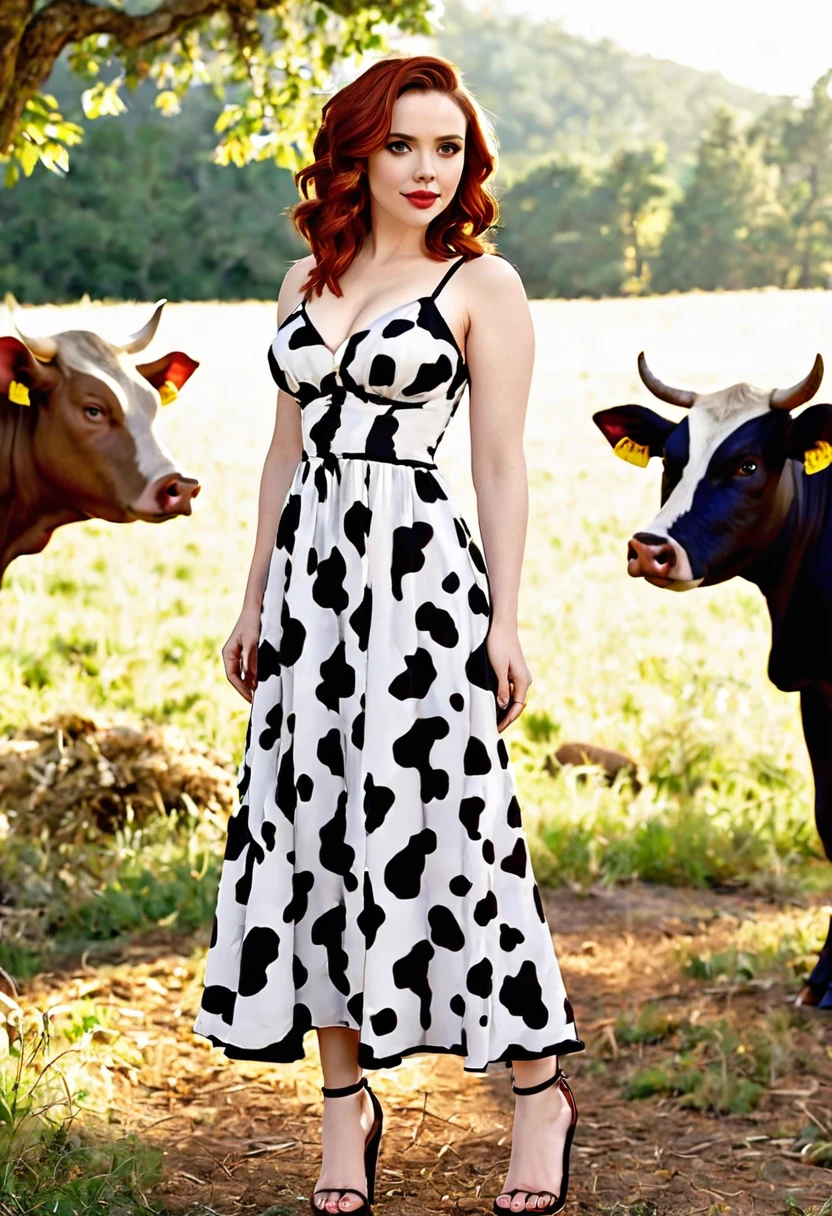 A Sexy mythical Humanoid creature called a firbolg. Unnatural red hair. Unnaturally thick eye brows.Snout like nose, large cow like ears. A long cow like tail. Feet like a pigs. Weareing hbeautiful handmade dress. Alison Brie, Scarlett Johanson, Dove Cameron