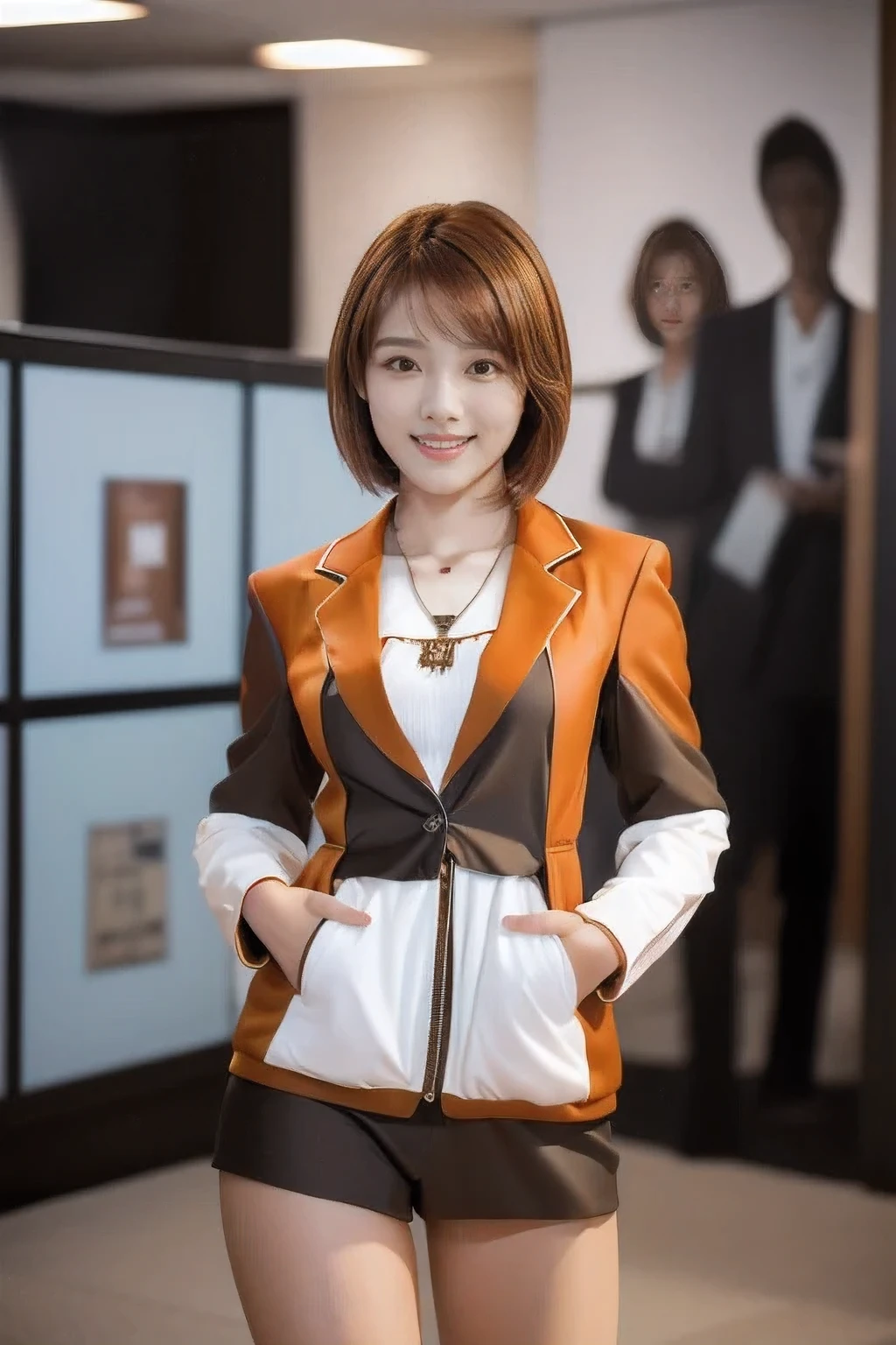 (Office lady standing in an office district:1.5)、(A kind smile:1.5)、(18-year-old female:1.5)、(The best quality at its best:1.4), (Super detailed), (Very detailed CG unified 16k), Beautiful woman with perfect figure: 1.4, Sharp focus: 1.2, Very detailed, High-quality RAW color photos, Professional photography, Great face and eyes, cosmetics, (Amazingly beautiful girl), ((Wearing a cute suit:1.5)), Realistic movie faces, Full body long view from head to toe, Realistic, ((Realistic natural orange red hairstyle)), ( Short Bob Hair:1.5), (necklace:1.5)、, Very beautiful face, Perfect model beauty, Mouth swelling, Highly detailed face and skin texture, Fine grain, double eyelid, Medium chest, (masterpiece), Highest quality, High resolution, Very detailed, Blurred Background, Depth of written boundary, Cinema Lighting, Great legs, , Clear, well-maintained skin,((Full body shot from head to toe:1.5))