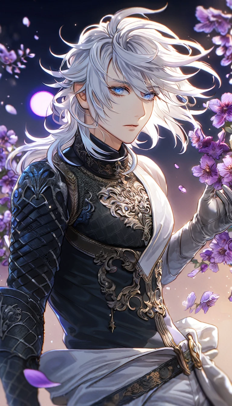 absurdres, highres, ultra detailed, HDR, master piece, best quality, Nier, white hair, medium hair, messy hair, expressive blue eyes, Nier Replicant, solo, sexy man, handsome, black clothes, silver gloves, white pants, fantasy, purple moon, purple flowers, purple blossoms, purple petals, fireflies