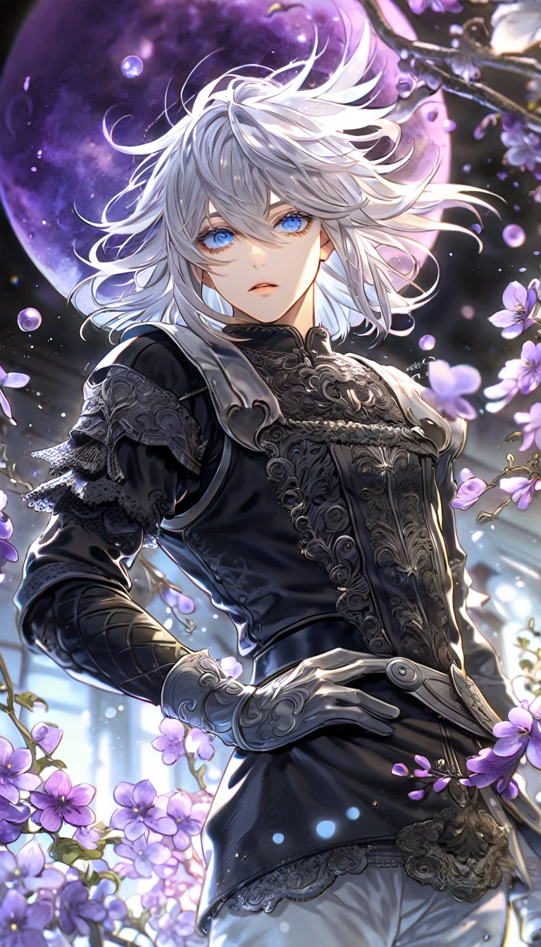 absurdres, highres, ultra detailed, HDR, master piece, best quality, Nier, white hair, medium hair, messy hair, expressive blue eyes, Nier Replicant, solo, sexy man, handsome, black clothes, silver gloves, white pants, fantasy, purple moon, purple flowers, purple blossoms, purple petals, fireflies