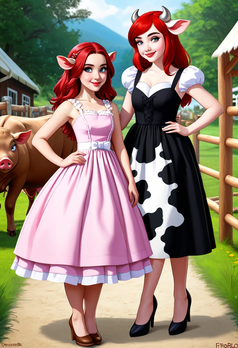 A Sexy mythical Humanoid creature called a firbolg. Unnatural red hair. Unnaturally thick eye brows.Snout like nose, large cow like ears. A long cow like tail. Feet like a pigs. Weareing hbeautiful handmade dress. Alison Brie, Scarlett Johanson, Dove Cameron