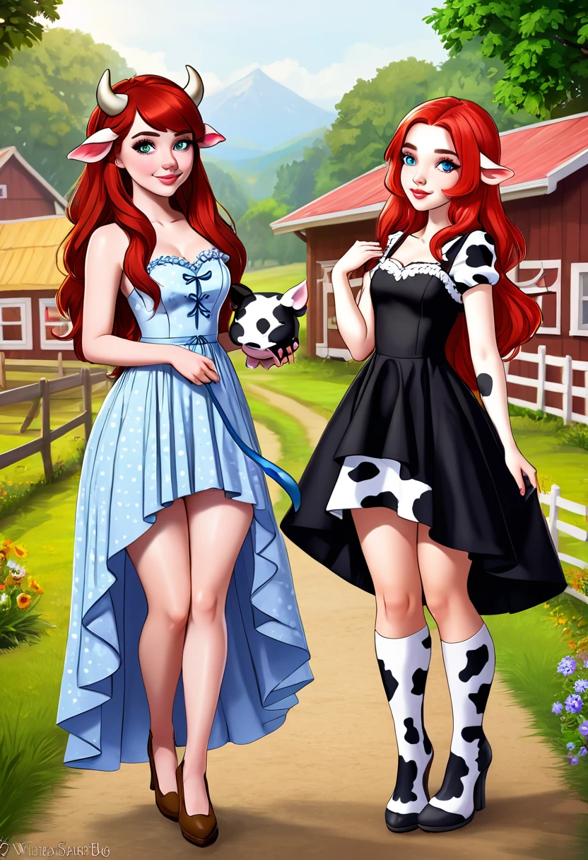 A y mythical Humanoid creature called a firbolg. Unnatural red hair. Unnaturally thick eye brows.Snout like nose, large cow like ears. A long cow like tail. Feet like a pigs. Weareing hbeautiful handmade dress. Alison Brie, Scarlett Johanson, Dove Cameron