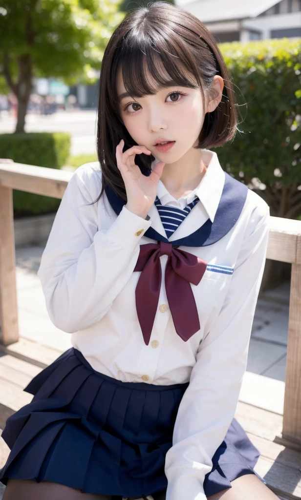 ulzzang-6500-v1.1, (RAW PHOTO:1.2), (photot-REALISTIC,:1.4), beautiful detailed girls, highly detailed eyes and faces, Beautiful Detailed Eyes, s ridiculous, unbelievably ridiculous, Huge File Size, Super Detailed, highres, very detail, sthe highest qualit, Master peace、, Kemomimi, ((Japanes girl' high school uniform)), An illustration, very detail, UHQ, unification, 8k wallpaper, splendid, Fine details, Master peace、, sthe highest qualit, very detailなUHQユニフォーム8k wallpaper, Light on the face、Movie lighting、16-year-old girl、((witheout panties))、((dynamic posing)))、(camel toes)、(Half)、(pantyhose、、、、)、(Sitting on legs bending the knees))、short haired、ple short hair、long neck、Put your ears out、bangs、bigger eyes、Lashes、a Pretty、Very cute