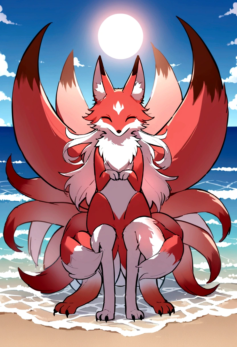 A giant red fox with 9 tails and 4 legs, whose tips are light pink. The tails are very fluffy and soft. The chest coat is light pink, as well as the tips of the paws. ao redor, a circle of small light pink flames. Ao fundo, a sunny beach.