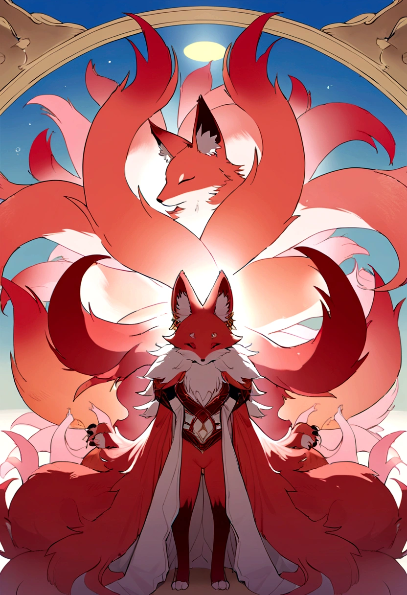 A giant red fox with 9 tails and 4 legs, whose tips are light pink. The tails are very fluffy and soft. The chest coat is light pink, as well as the tips of the paws. ao redor, a circle of small light pink flames. Ao fundo, a sunny beach.