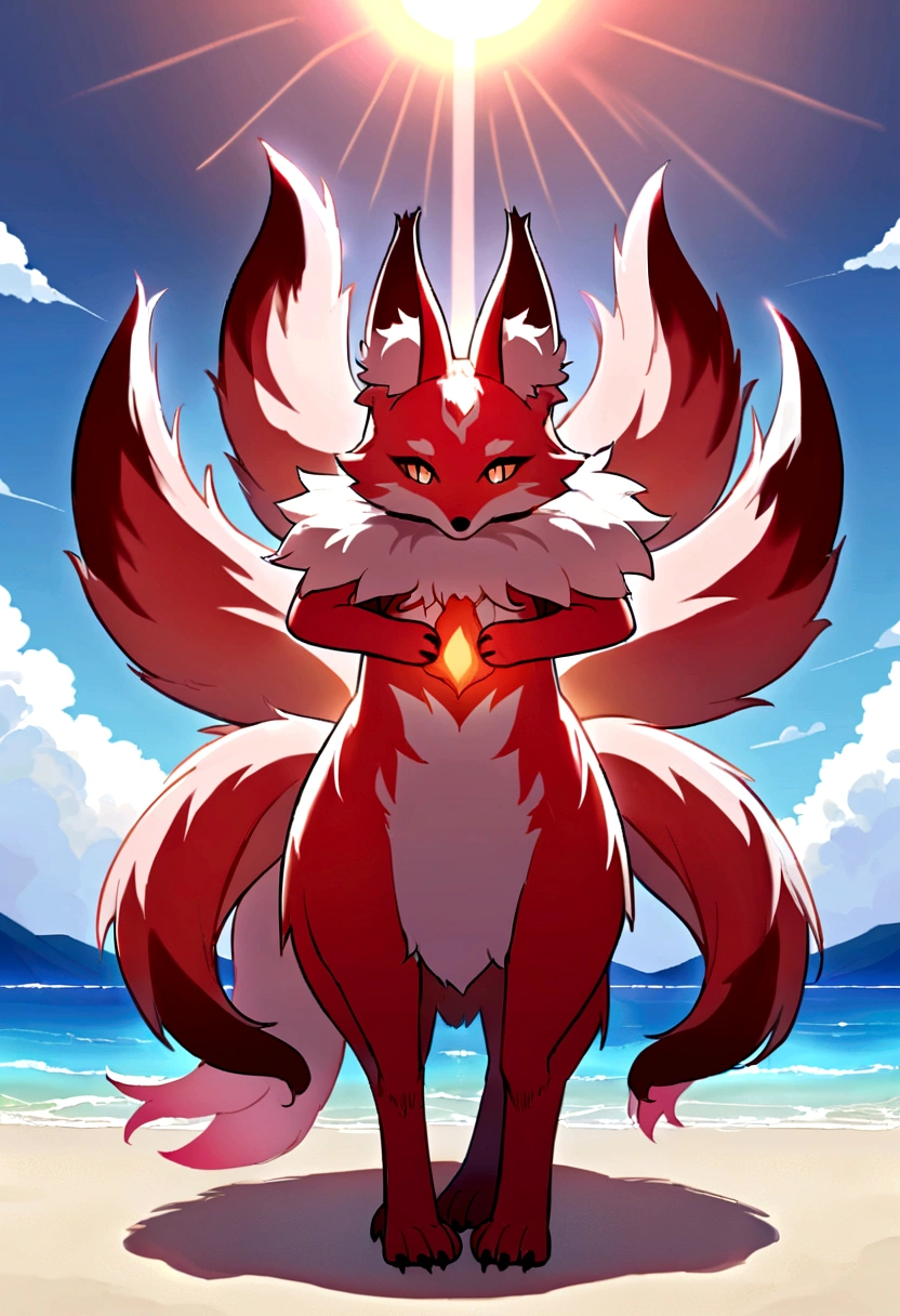 A giant red fox with 9 tails and 4 legs, whose tips are light pink. The tails are very fluffy and soft. The chest coat is light pink, as well as the tips of the paws. ao redor, a circle of small light pink flames. Ao fundo, a sunny beach.