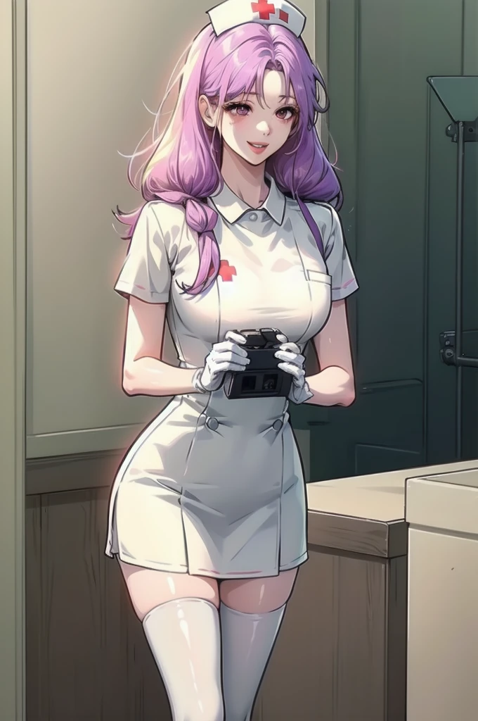 1woman, solo, nurse, nurse cap, white wear, ((white legwear, zettai ryouiki)), white gloves, long hair, purple hair, red eyes, pink lips, smile, standing, ((hospital room)), sharp outline, short sleeves, mature female, 35 years old, best quality, masterpiece