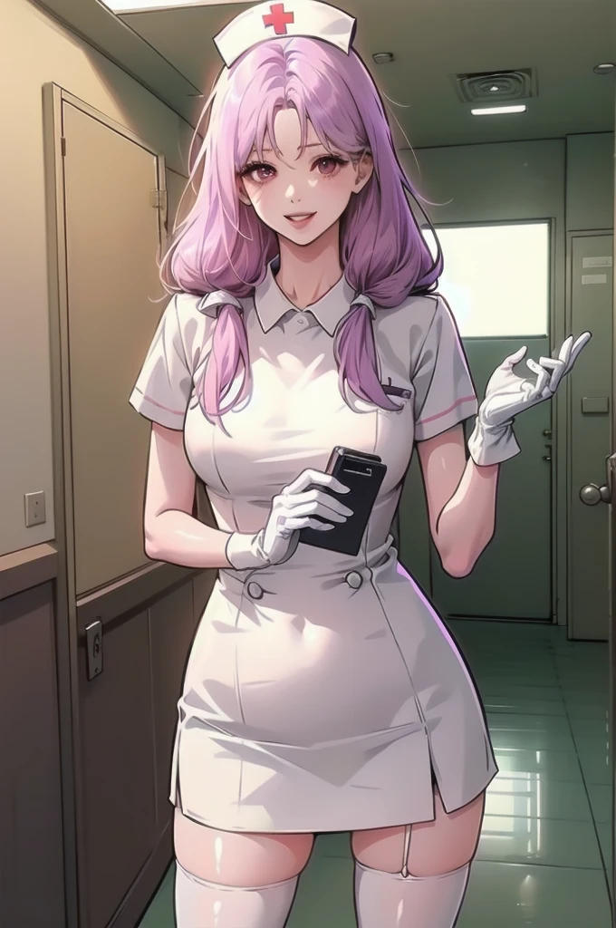 1woman, solo, nurse, nurse cap, white wear, ((white legwear, zettai ryouiki)), white gloves, long hair, purple hair, red eyes, pink lips, smile, standing, ((hospital room)), sharp outline, short sleeves, mature female, 35 years old, best quality, masterpiece