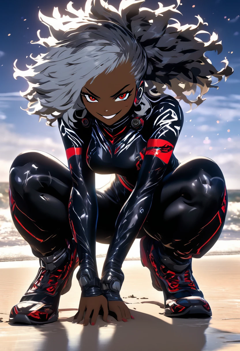 Full body image, african woman, Squatting with your hand on your knee, face Contempt, evil smile, white hair short, full armor hyper sexy fantasy , sweating, body a little fat, Hyper realistic night beach background, persona 5 niji style, Japanese writing on the edges with Shangri-La written on at the edges, Angle from bottom to top