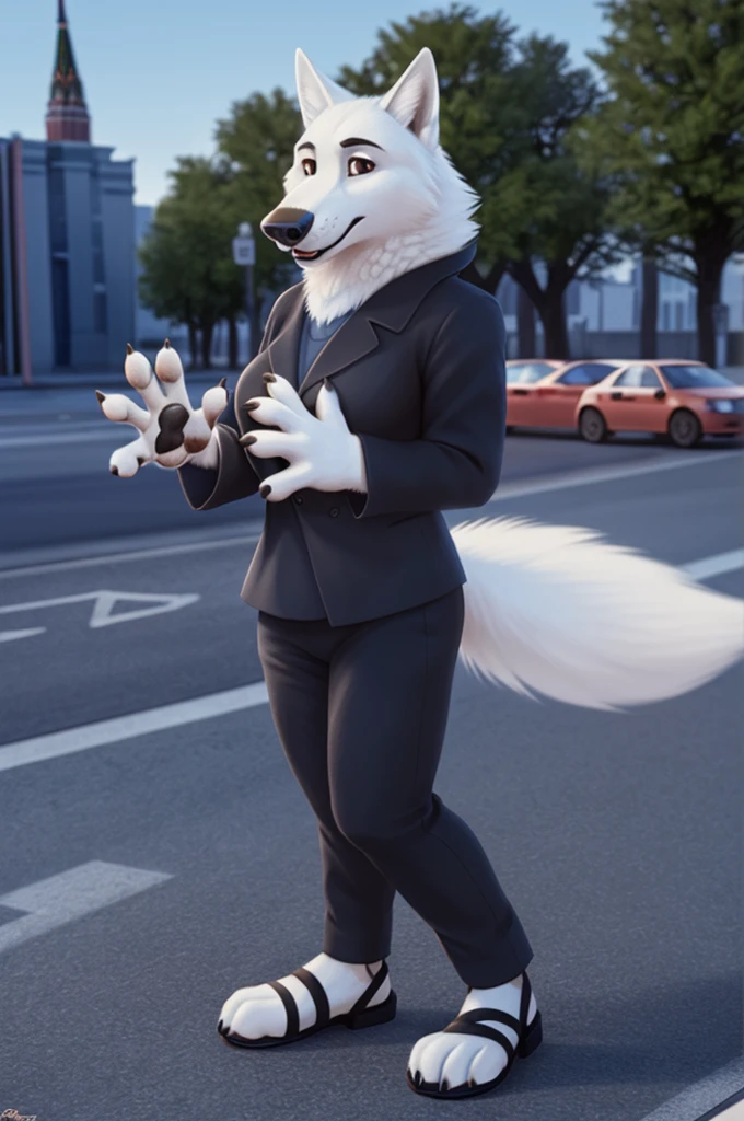 Barbara\(Moscow\), (white body:1.3), white fur, Brown eyes, Moscow, dressed, black jacket,trousers,blue,pink open heel sandals, canine, wolf, Detailed fur, Female, breast, antro, paw pads, finger claws, waving, waving at viewer, 5 fingers, paws, 4 toes,ring,
BREAK from nextel, for dating, by xenoforge, (difficult, high detail, film photography, soft focus, RAW сидит,
Photorealism, realistic, photorealistic, digital style, Subsurface scattering,
masterpiece, Best quality, ultra realistic, 8 k)