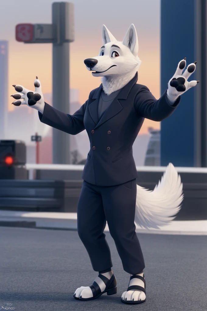 Barbara\(Moscow\), (white body:1.3), white fur, Brown eyes, Moscow, dressed, black jacket,trousers,blue,pink open heel sandals, canine, wolf, Detailed fur, Female, breast, antro, paw pads, finger claws, waving, waving at viewer, 5 fingers, paws, 4 toes,ring,
BREAK from nextel, for dating, by xenoforge, (difficult, high detail, film photography, soft focus, RAW сидит,
Photorealism, realistic, photorealistic, digital style, Subsurface scattering,
masterpiece, Best quality, ultra realistic, 8 k)