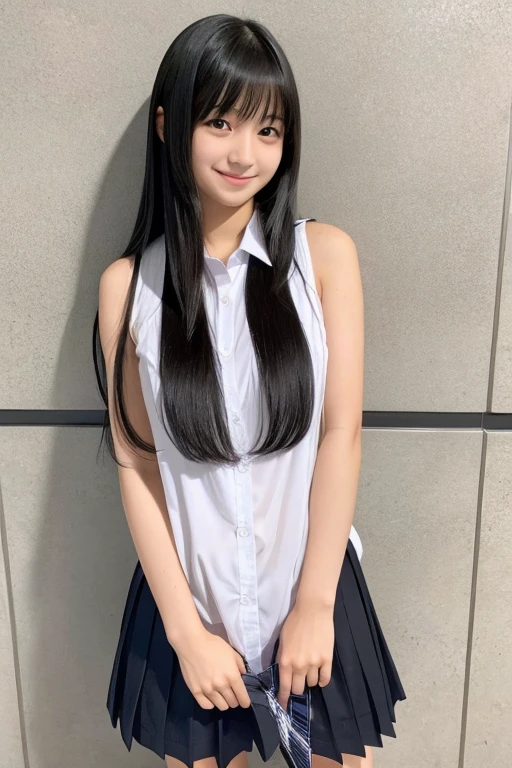 Japanese high school girl, black hair, neatly arranged long straight hair, bangs are arranged, standing erect, smiling, , in front of the wall, neat, serious, honor student, no panties, no bra, nude