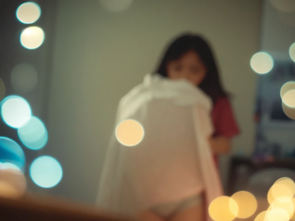 Voyeur , (old color negative film) , (soft focus) , (Bokeh:1.5) , woman , woman's messy room , (Activities of daily living) , underwear , looking away