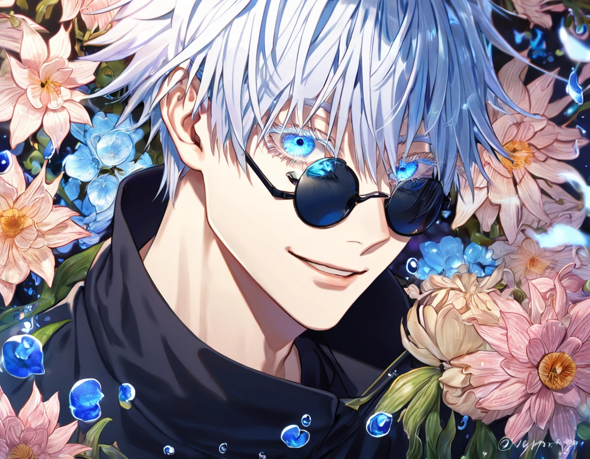 absurdres, highres, ultra detailed, HDR, master piece, Gojou Satoru, white hair with bangs, white eyelashes, expressive blue eyes, hair between the eyes, black shirt, Jujutsu Kaisen, man, handsome, best quality, blue moon, flowers, fantasy, magical, solo, water, blue shining fireflies, blue petals, Jujutsu Kaisen uniform, black round sunglasses, handsome smile