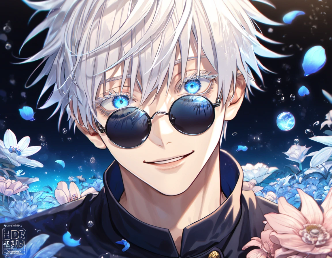 absurdres, highres, ultra detailed, HDR, master piece, Gojou Satoru, white hair with bangs, white eyelashes, expressive blue eyes, hair between the eyes, black shirt, Jujutsu Kaisen, man, handsome, best quality, blue moon, flowers, fantasy, magical, solo, water, blue shining fireflies, blue petals, Jujutsu Kaisen uniform, black round sunglasses, handsome smile