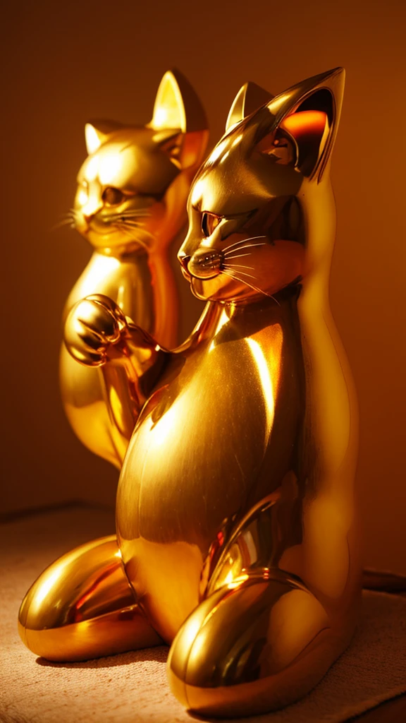 Golden background、Giant golden cat figurine、Glowing Skin、、Highest quality、looking at the camera、smile