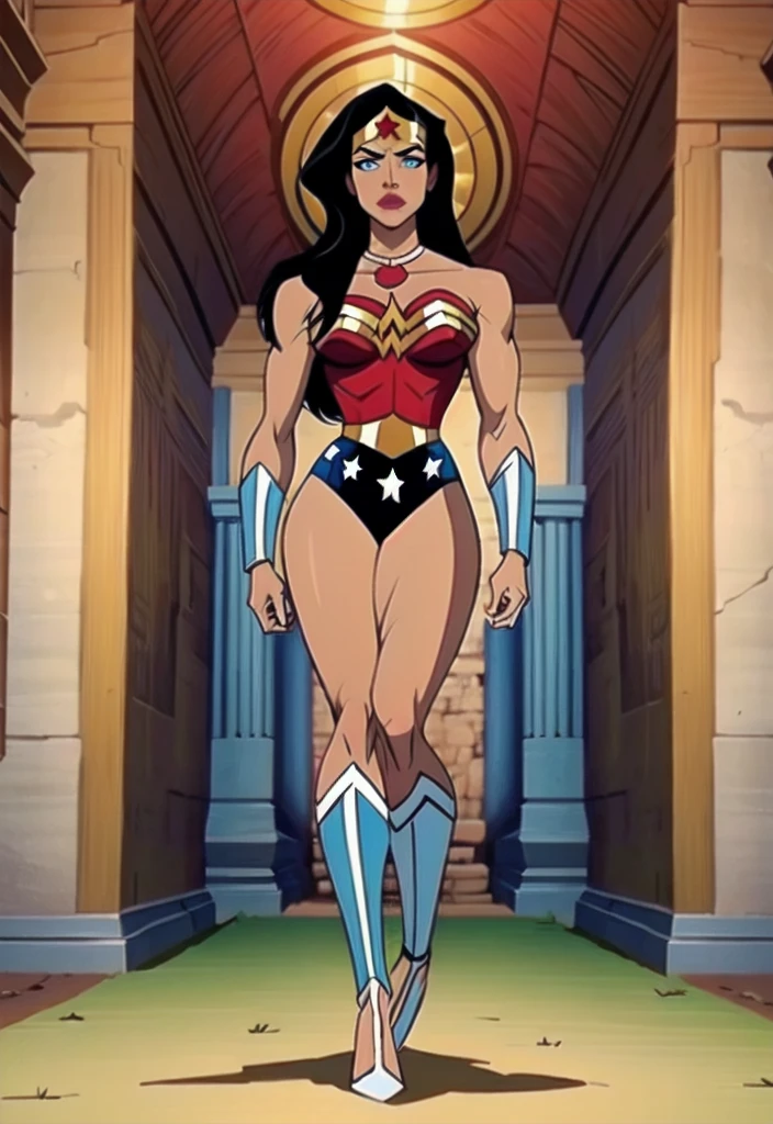 Eva Mendes, 8K, best qualityer, Actual image, details Intricate, ultra detali, ultra high resolution, field of depth, (photorealisitic, realisitic:1.2), work of art, photo of 1 girl, Wonder Woman, armors, skintight, neckleace, elsword, Super heroi, standing, mighty, realisitic, blue colored eyes, Bblack hair, lips, make up, long hair, make up, muscular, standing alone, gram, background ruins of a temple, best qualityer, realisitic, photorealisitic, (details Intricate:1.2), (delicate detailed), (cinematic light), clear line, sharp focus, realisitic face, face detailed, (((((gazing at viewer))))), (((((centred))))), (((head in the photo))), {(((((full-body-shot:0.9)))))},