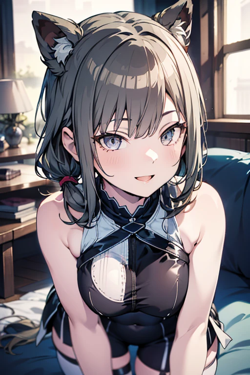 (dynamic angle:1.3, front view:1.1, breast focus:1.3, from below:1.1), (dynamic posing:1.2, sexy posing:1.2), (seductive smiling:1.3), highest quality、(real、photorealistic:1.4),(ultra high resolution, 8K RAW photo, clear focus), best qualtiy, natural lighting, field depth, (Bright pupils, detailed beautiful blue eyes, high detailed face), (tight focus:1.2), a girl 28yo old, Thicc, thin breast, long hair, blue eyes,garter stocking, cleavage:1.2, midriff, black shorts, black thighhighs, thigh strap, pretty girl, (highly detailed beautiful face and eyes,firm breasts),real skin,((black,hair,long pony tail hair)),thin pubic hair,cute,lovely, detailed eyes,(double breasted:1.0,under bust:1.0),(with sparkling eyes and a contagious smile),soft open mouth, Looking at Viewer,