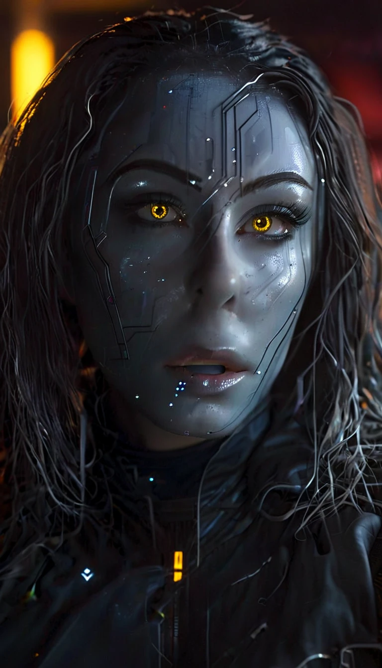 battle damage , missing arm ,bright yellow eyes, ultra-detailed,vibrant colors,sci-fi,portrait,dramatic lighting,detailed facial features,dark background,long hair,glowing eyes,futuristic clothing,expressionless face,metallic texture,bright highlights,high contrast,radiant colors,artificial intelligence theme,sharp focus,technological elements,shadows and highlights,ethereal glow,neon lights,stormy atmosphere,otherworldly setting,unconventional composition,sharp lines,sleek design,mysterious atmosphere,unearthly beauty,digital enhancements,advanced technology,glowing circuitry,abstract background,ominous presence,subtle reflections,energetic pose,unique perspective,foreshortening effect,symmetrical composition,imposing presence,dynamic energy,striking visual impact,translucent overlays,organic and mechanical fusion.