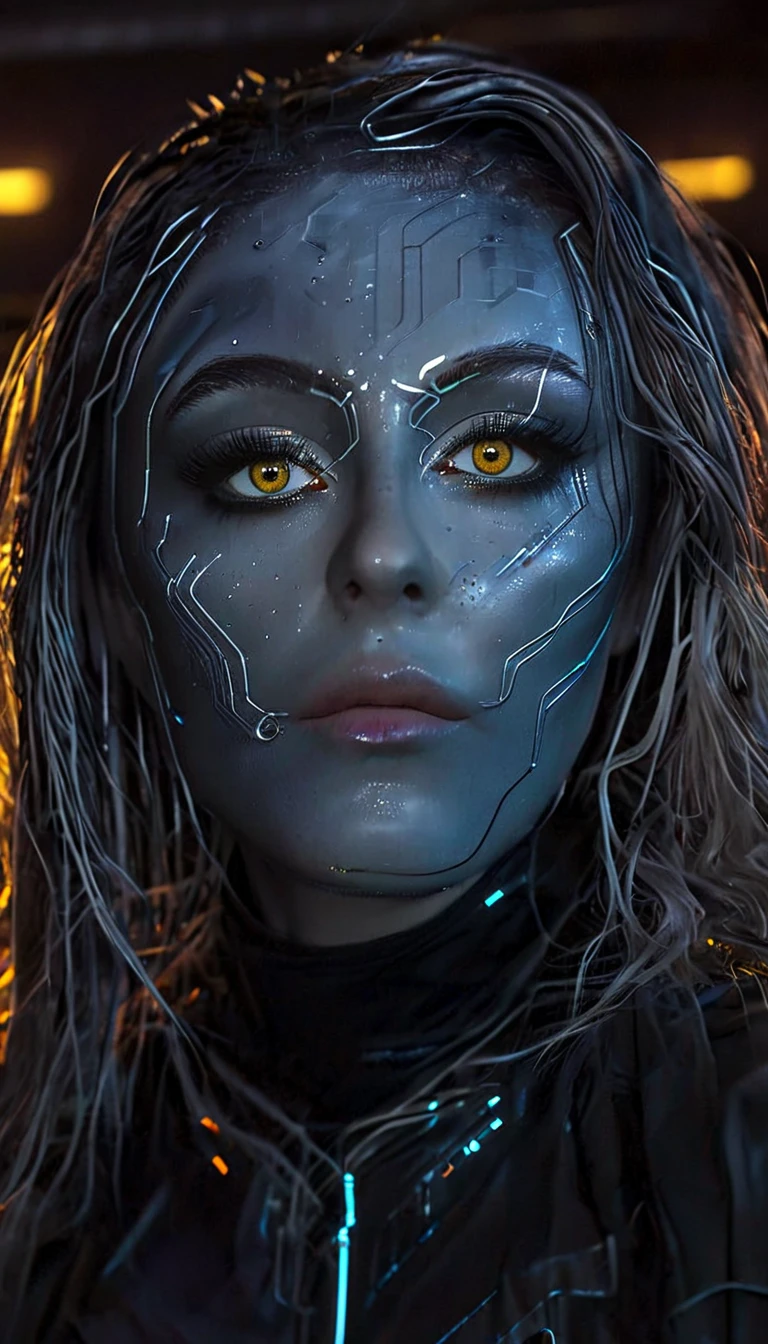 battle damage , missing arm ,bright yellow eyes, ultra-detailed,vibrant colors,sci-fi,portrait,dramatic lighting,detailed facial features,dark background,long hair,glowing eyes,futuristic clothing,expressionless face,metallic texture,bright highlights,high contrast,radiant colors,artificial intelligence theme,sharp focus,technological elements,shadows and highlights,ethereal glow,neon lights,stormy atmosphere,otherworldly setting,unconventional composition,sharp lines,sleek design,mysterious atmosphere,unearthly beauty,digital enhancements,advanced technology,glowing circuitry,abstract background,ominous presence,subtle reflections,energetic pose,unique perspective,foreshortening effect,symmetrical composition,imposing presence,dynamic energy,striking visual impact,translucent overlays,organic and mechanical fusion.