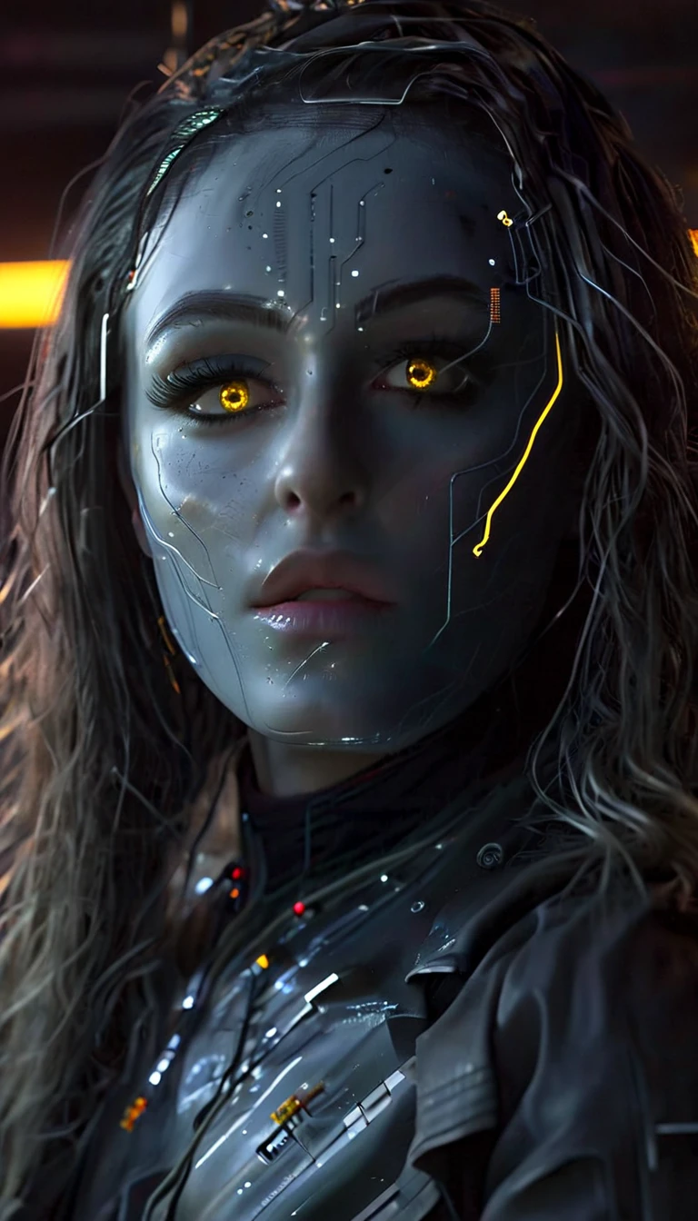battle damage , missing arm ,bright yellow eyes, ultra-detailed,vibrant colors,sci-fi,portrait,dramatic lighting,detailed facial features,dark background,long hair,glowing eyes,futuristic clothing,expressionless face,metallic texture,bright highlights,high contrast,radiant colors,artificial intelligence theme,sharp focus,technological elements,shadows and highlights,ethereal glow,neon lights,stormy atmosphere,otherworldly setting,unconventional composition,sharp lines,sleek design,mysterious atmosphere,unearthly beauty,digital enhancements,advanced technology,glowing circuitry,abstract background,ominous presence,subtle reflections,energetic pose,unique perspective,foreshortening effect,symmetrical composition,imposing presence,dynamic energy,striking visual impact,translucent overlays,organic and mechanical fusion.