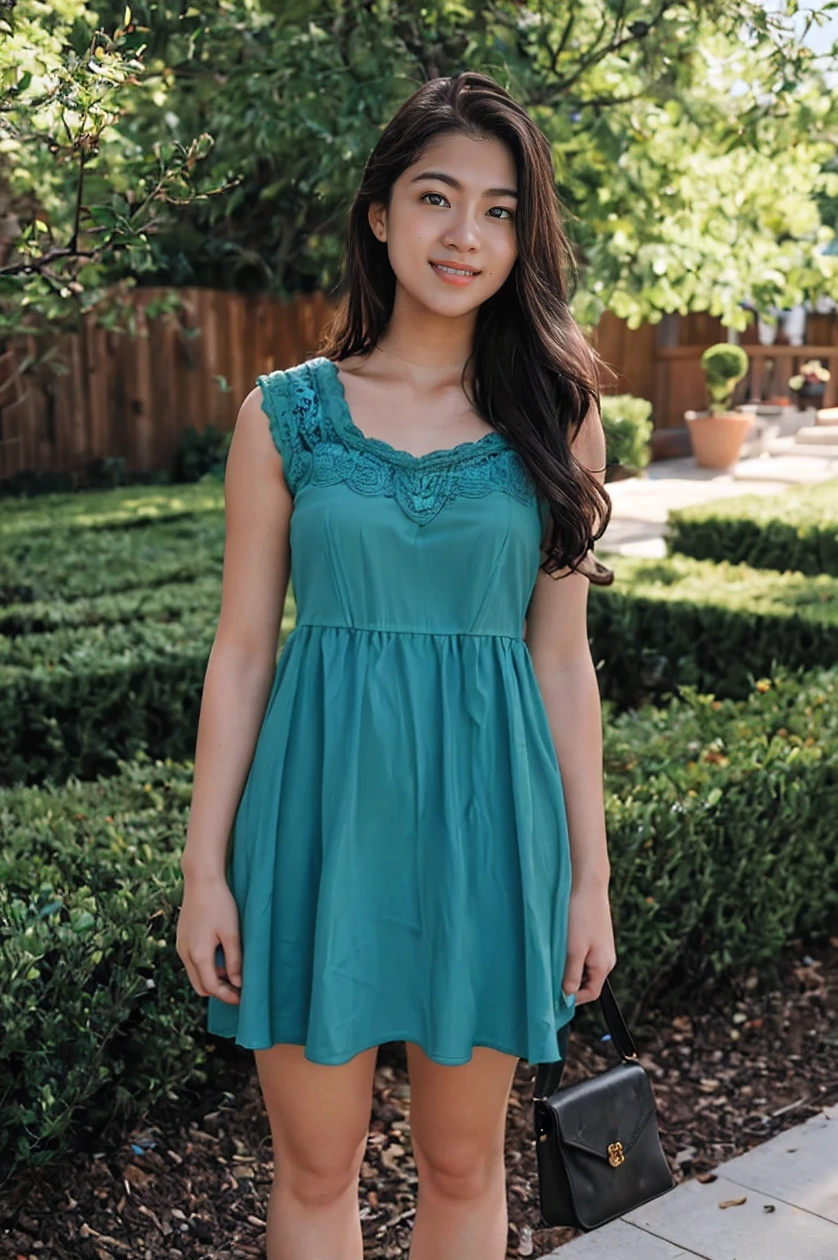 Realistic amateur photo posted to facebook , beautiful Young Cute Female , yard ,dress