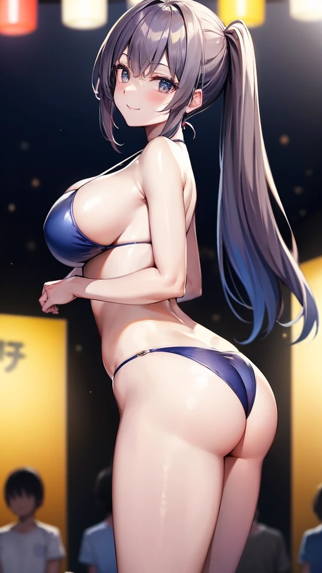 Ultra-high quality 8K images、At the Japan Summer Festival、Please draw a beautiful Japanese woman with big breasts。women are、Wearing a metallic bikini、Arms folded behind back、Standing facing forward in a crowd。Women's hair is short and black、Your smile is wonderful。The skin is radiant。