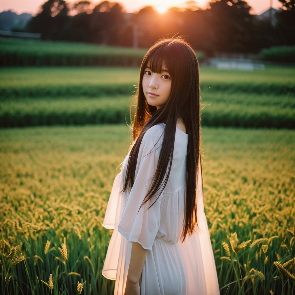  Japanese beautiful girl, Embarrassed look, figure, (Highest quality, Super detailed), front、Gentle lighting, Flowing Hair,one piece、 Delicate features, Dreamy atmosphere、Analog Film Photography、20-year-old、80'、サイバーパンクWindローファイアニメーション、Wind, sunset, Wheat field,8k,