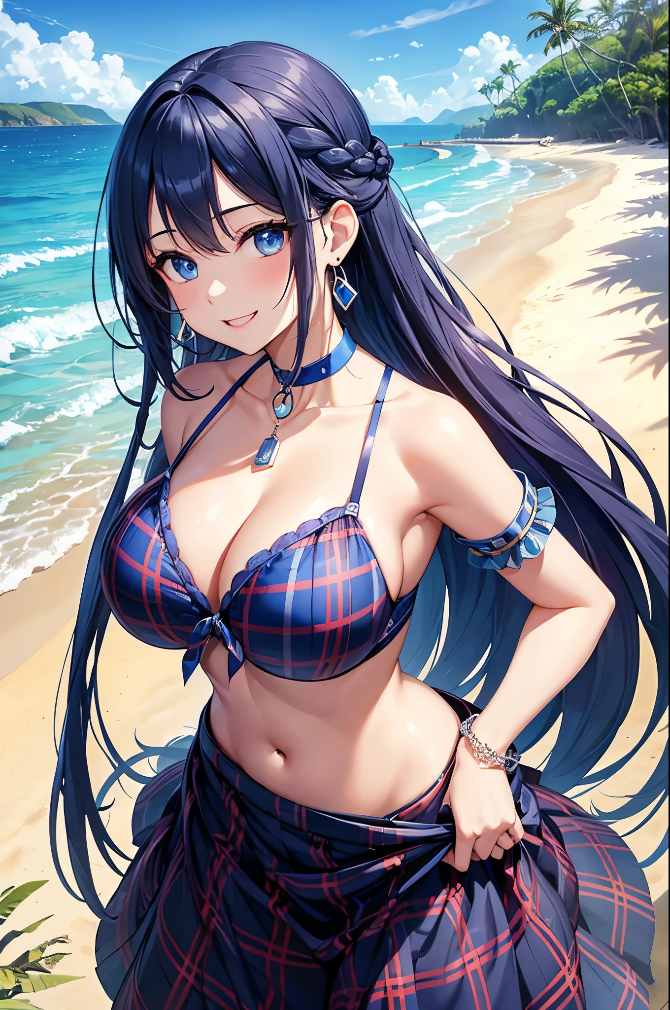 Highest quality、Highest quality、masterpiece、(8K),beauty(Age 25)、Navy blue long hair(Braiding of the sides)、blue eyes、Sexy Bikini(Plaid)、Big cleavage、(Big Breasts)、smile、blue necklace、Blue Earrings、background(Beach)、Please open your mouth wide、bracelet、Arch Pose、Blue choker
