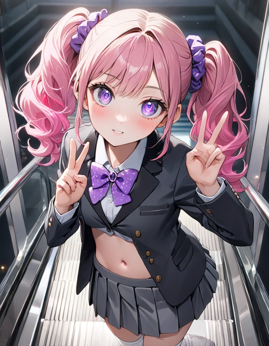 (8K, best quality, master piece: 1.2), super high resolution,1 girl,16yo,solo,1ultra-detailed face,detailed eyes,perfect hands, perfect fingers,sparkling pupils,Mascara,Bubblegum Pink hair,natural wave hair,twintails,amethyst Eyes,,(scrunchie,blazer,Short pleated skirt),(gray:1.5),navel,((loose white socks)),polka-dot pattern bow tie,smaile,medium breasts,(making a peace sign),リムライト,standing on a down escalator,Look at Viewer