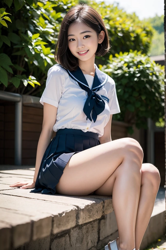 Pure Japanese school girl, no makeup, thick eyebrows, wearing uniforms, natural short hair, pure smile, natural body, shiny white skin, refreshing in early summer morning sunlight, feeling soft breeze in hair, sitting and relaxing, lift up skirt, (panty), sweet temptation, sexual attractive, professional portrait photography, composition from the front, 