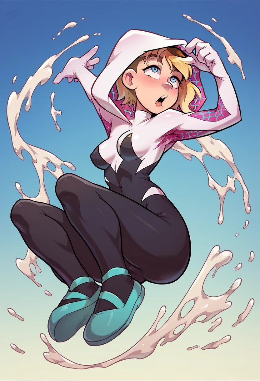 Spider Gwen swimming in a sea of cum while swallowing it