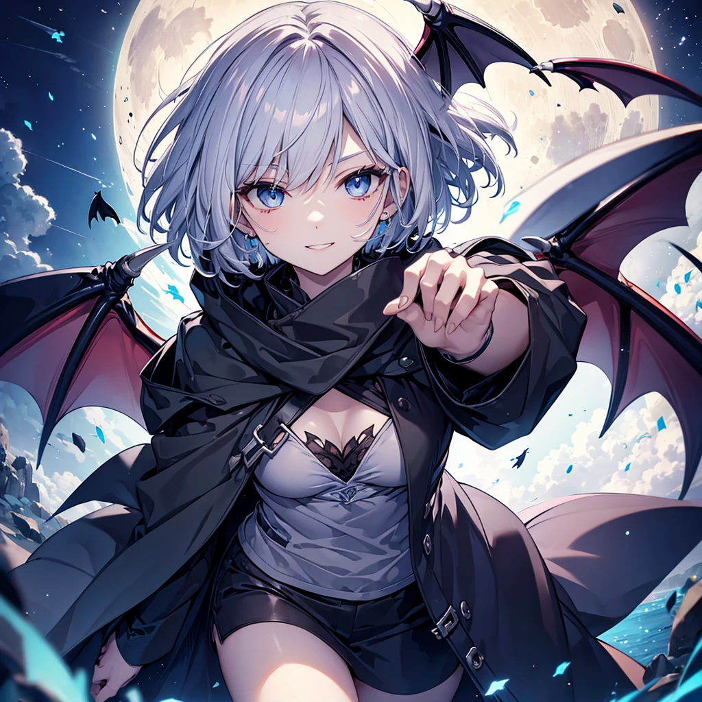 ((((vampire Inflammation)))) (((Gray Hair short hair blue eyes woman Center close-up))),((night full moon My own big wings)),(Wearing a hood Black camisole Purple light Wearing a cloak), Creepy Smile Showing teeth Shining Background Shining Edges