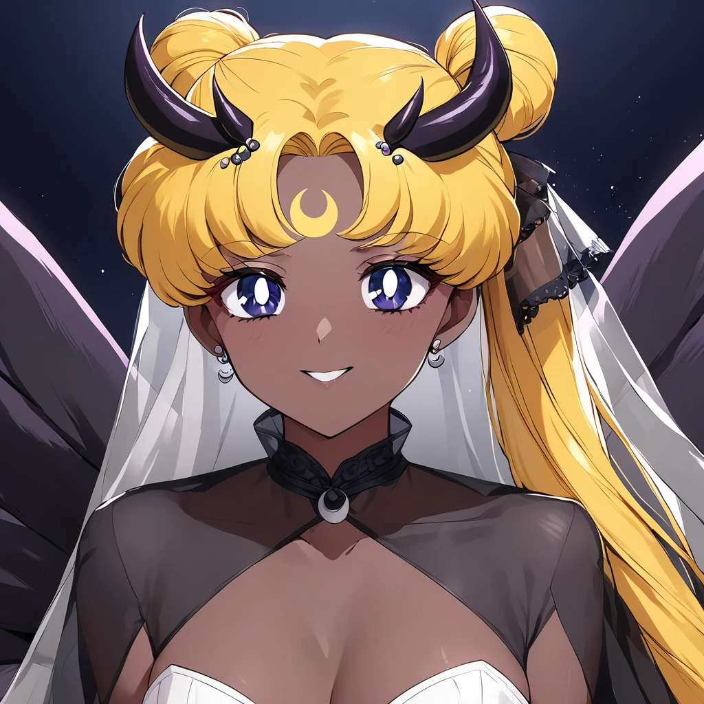 ((Highest quality)), ((masterpiece)), (detailed), (Perfect Face)、The woman is the bride of the Demon King, the Dark Queen of the Black Moon Clan, the Demon Queen Devil Sailor Moon, and the woman is a sexy female demon with jet black skin, Devil Sailor Moon.、The woman is a jet-black female demon with magnificent devil horns, jet-black devil wings, and a jet-black tail, her skin is jet-black, and she has a black inverted crescent moon mark on her forehead, and her gorgeous black skin is visible through her black see-through Lolita Gothic Victorian wedding dress, a black wedding veil, and a black see-through cape. She is a devil bride, a jet-black demon named Devil Sailor Moon, and has blonde hair, looking at the camera with a happy expression.2The expression of a girl in love with her long hair tied up、Woman is Devil Sailor Moon