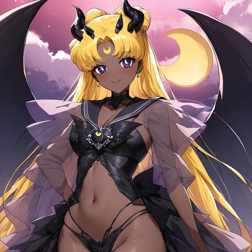((Highest quality)), ((masterpiece)), (detailed), （Perfect Face）、The woman is the bride of the Demon King, the Dark Queen of the Black Moon Clan, the Demon Queen Devil Sailor Moon, and the woman is a sexy female demon with jet black skin, Devil Sailor Moon.、The woman is a jet-black female demon with magnificent devil horns, jet-black devil wings, and a jet-black tail, her skin is jet-black, and she has a black inverted crescent moon mark on her forehead, and her gorgeous black skin is visible through her black see-through ta Gothic Victorian wedding dress, a black wedding veil, and a black see-through cape. She is a devil bride, a jet-black demon named Devil Sailor Moon, and has blonde hair, looking at the camera with a happy expression.２The expression of a girl in love with her long hair tied up、Woman is Devil Sailor Moon