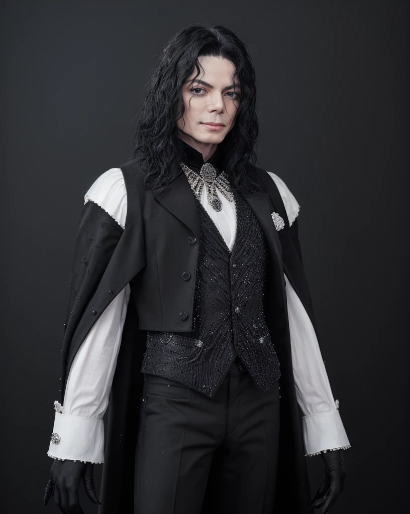 (Michael Jackson in a black coat encrusted with black diamonds),(white elegant shirt),(blue diamond encrusted vest),(elegant black pants),(black gloves with blue and diamonds),(white background with some greek sculptures),(pretty well detailed)