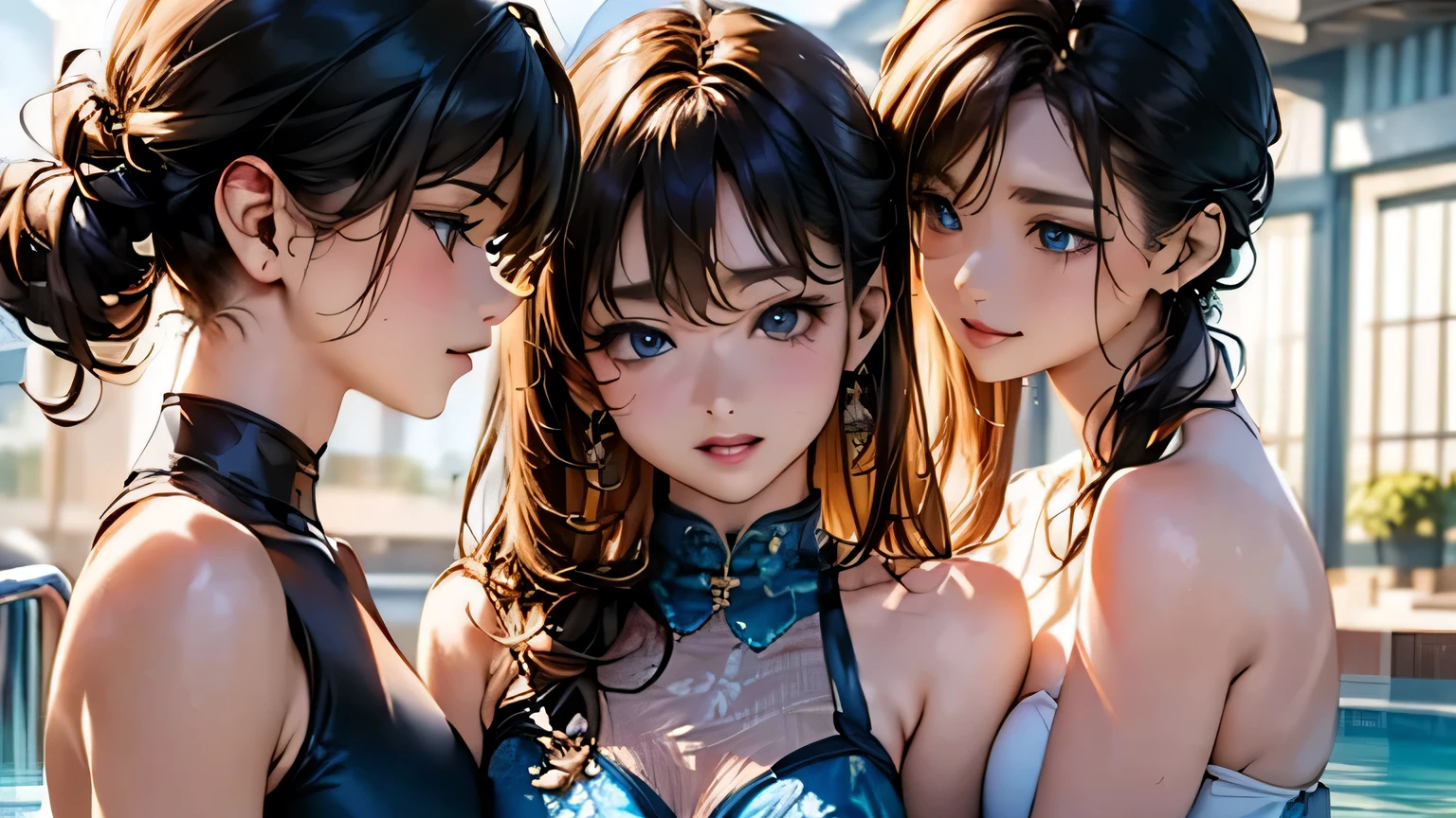 ((Highest quality、masterpiece、8K、Realistic、超High resolution、Very delicate and beautiful、High resolution、Cinema Lighting))、((Three Women:1.9))、((Mr.々Swimsuit、Each has their own unique hairstyle))、They all laugh happily、We have a good time together。In the background there is a clear blue sky and green trees々is spreading々i can see、The pool is filled with refreshing blue water.。